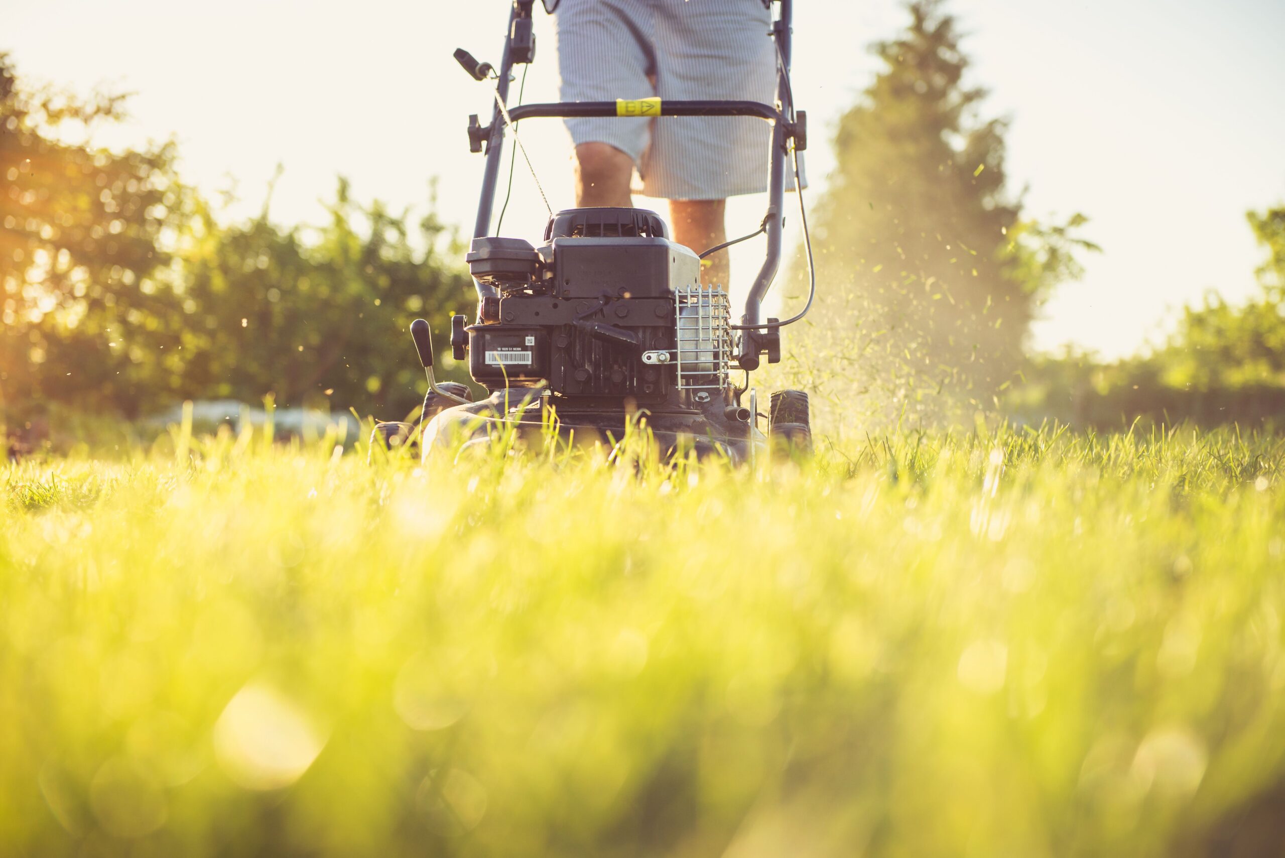 Lawn maintenance worker mowing grass